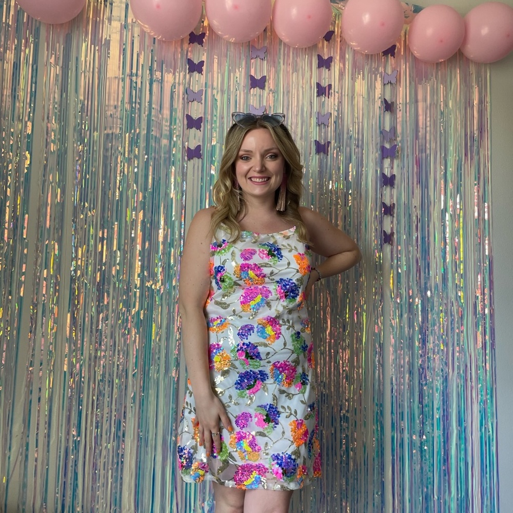 White Sequin dress with colorful flowers